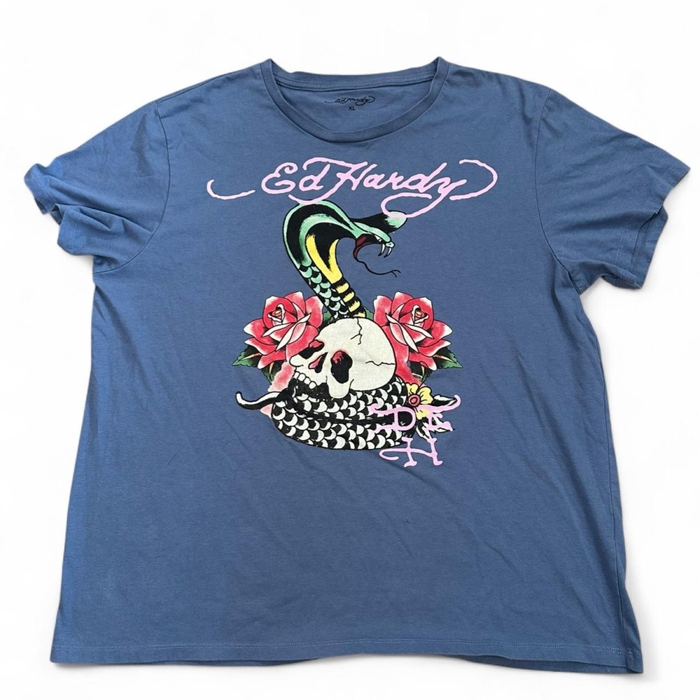 Ed Hardy Men’s Y2K Blue Cobra Rose Skull Graphic T-Shirt  Size‎ XL